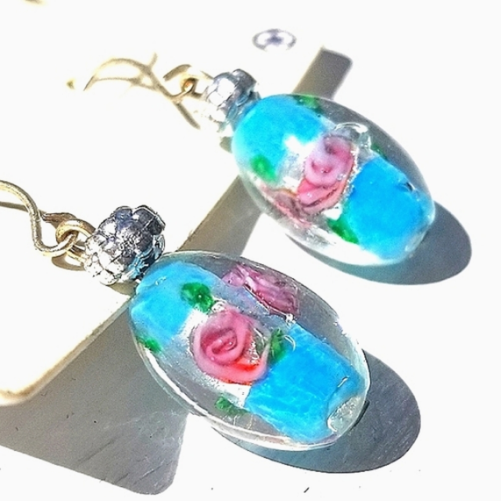 Dangling Earrings Pink Roses And Vibrant Blue
